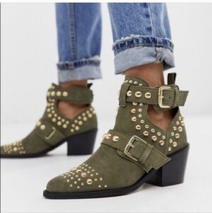 KURT GEIGER London Sybil Studded Ankle Boots Olive Suede Size 37 (6.5-7)